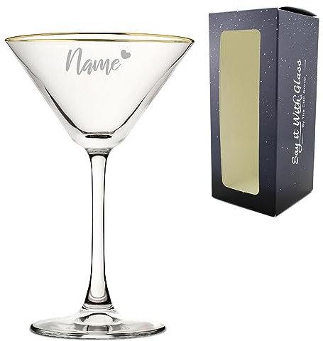 Personalised Engraved Gold Rim Martini Cocktail Glass with Name with Heart Design, Personalise with Any Name for Any Occasion, Gift Box Included, Laser Engraved