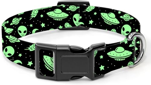 SXboxing Dog Collar, Cute Dog Collar for Small Medium Large Dogs, Personalized Adjustable Soft Pet Collars with Quick Release Buckle for Walking Running, Green Alien