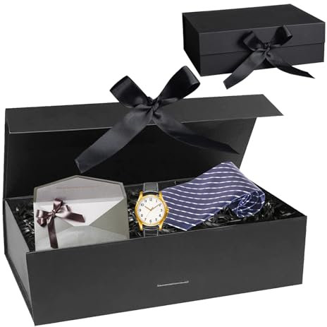 Geschenkbox, Geschenkbox mit Deckel, 21 * 17 * 7cm Geschenkboxen mit Schleife, Geschenkverpackung Magnetfaltbox für Geburtstag, Hochzeit, Valentinstag, Weihnachten, Jubiläum Partei (Schwarz)
