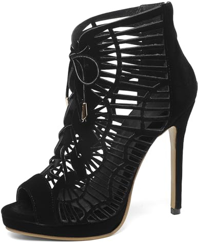 Lroey Reoly Sandales Femme, Sandales Gladiateur à Bout Ouvert et Talon Haut Zip Aiguille, Noir, Taille 40 EU