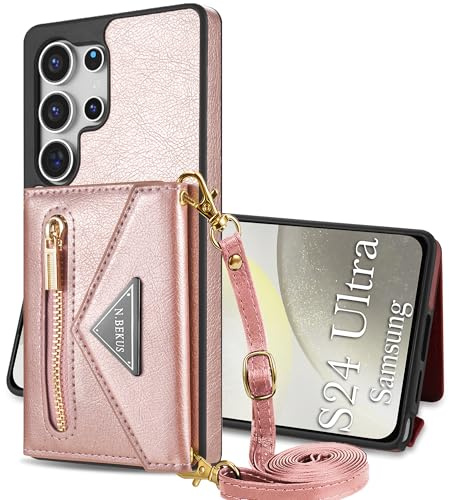 GUVAGI für Samsung Galaxy S24 Ultra Hülle mit Band Handyhülle Case,Flip 4-Karten Kappe Schutzhülle Geldbeutel Frauen Vintage Handytasche mit Abnehmbar Kette Schnur Tasche Hinten zum Umhängen (Rosa)
