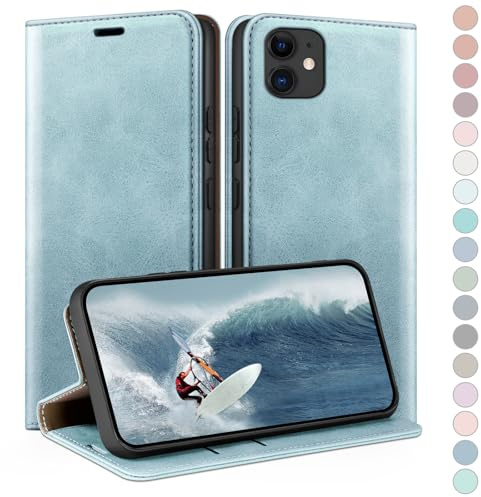 HUOUH für iPhone 11 6,1 Hülle mit RFID Schutzhülle aus Lederhülle Handyhülle,360 Grad Schutz Case,Kartenfach Leder ständer Handy hülle für Apple 11 Klapphülle Wallet Cover Hellblau