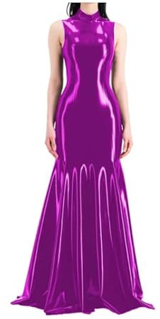 Vestido largo sin mangas de PVC con cuello alto, aspecto mojado, vestido de sirena con aspecto de látex, vestido largo para fiesta, Fucsia, M