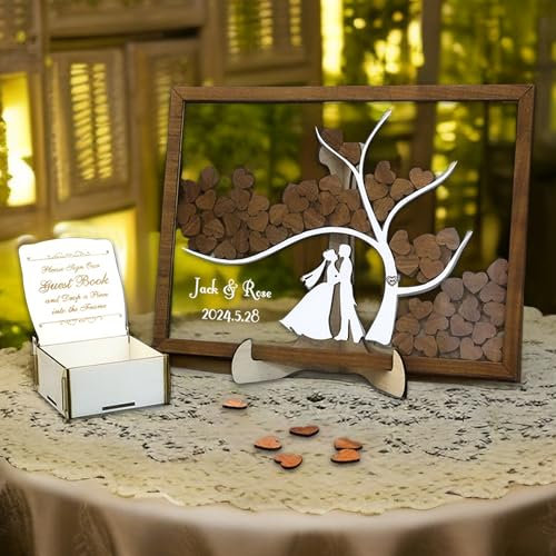 AIFLM Personalisierte Hochzeit Holz Gästebuch Alternative Gästebuch Hochzeit Empfang mit 50&100 Pcs Herzen Einzigartige Hochzeit Dekorationen Willkommenszeichen, Geschenk, Jubiläum, Erinnerungen