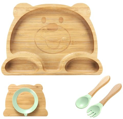 KEESIN Bambus Kindergeschirr 4er Set Babyteller mit Saugnäpfen Zubehör für Babynahrung 1 Silikonlöffel 1 Silikongabel Teller mit Saugnäpfen (Bär)
