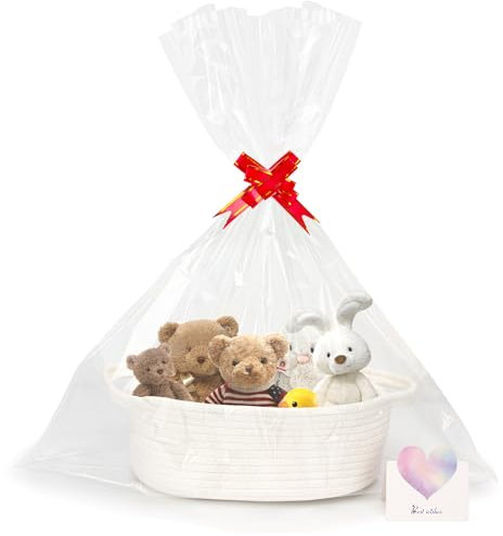 Goodheim Geschenkkorb Leer, Geflochten Korb für Geschenke mit Geschenkfolie Transparent und Geschenkschleife, Präsentkorb Leer für Halloween Erntedank Weihnachten Weiß