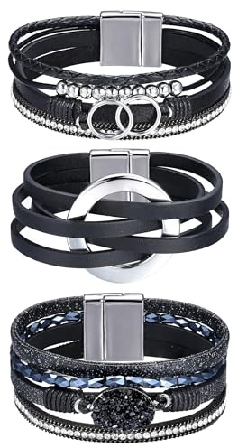 Milacolato 3Pcs Bracelet en Cuir pour Femmes, Boho Wrap Bracelets Western Empilables Bijoux Cadeaux (Noir)