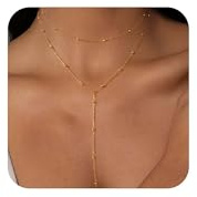Hebterrka - Collier long et délicat plaqué or 14 carats et argent, collier de perles en couches, bijou simple à la mode pour femme, L, plaqué or 14 carats, L