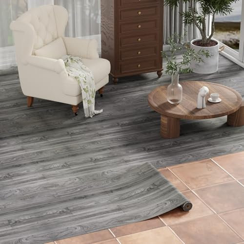 Homease PVC Bodenbelag Selbstklebende Holzoptik Vinylboden, Wasserdichte Schneidbar Vinylbodenbelag Bodenaufkleber für Bettzimmer, Küche, Wohnzimmer, 60x1000cm Dunkelgrau