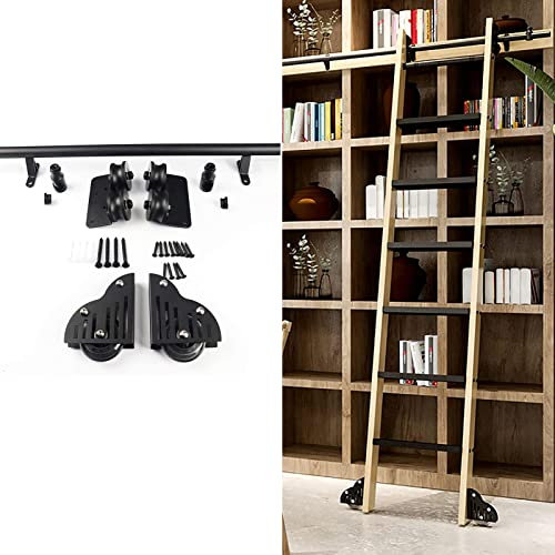 SZITW Schiebeleiter-Hardware, komplettes Rollschienenset für Holzleitern (ohne Leiter), Mobile Leiterschiene aus Rundrohr, komplettes Hardwareschienenset, Bodenrolle mit Bremse, Schwarze Oberfläch