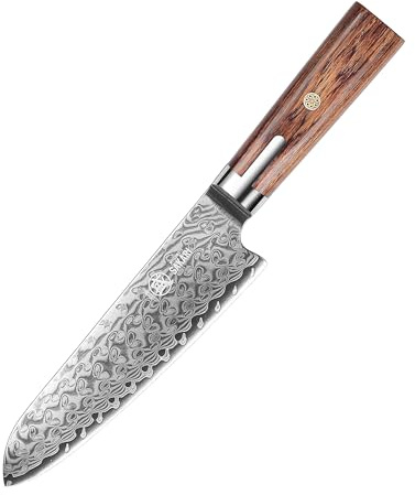MITSUMOTO SAKARI 7 Inch Japanese Santoku Knife, Damascus Kitchen Chef Knife