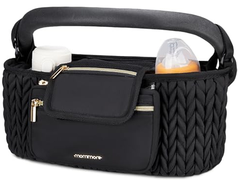 mommore Stroller Organizer with Insulated Cup Holders, Adjustable Stroller Caddy with Detachable Phone Bag, Stroller Accessories Fits for Uppababy, Doona, Jogger, Britax (Black)