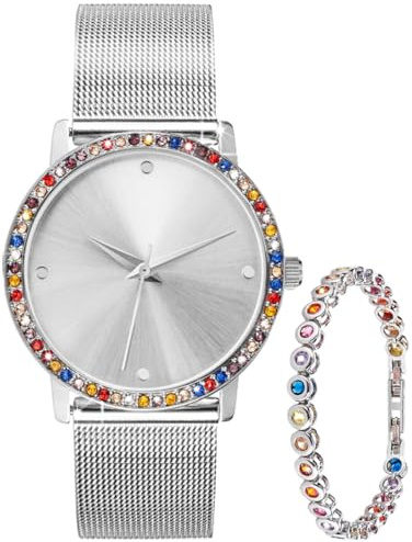 Crystal Blue Damen Armbanduhr Set Silber Edelstahl Milanaise Mesh Armband mit Zirkonia Tennisarmband