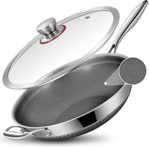 LOLYKITCH 32 CM Hybrid Ceramic Non Stick Tri-Ply Stainless Steel Wok Pan with Lid,Stir Fry-Pan,Induction Cooking Pan,Oven Safe and Detachable Handle