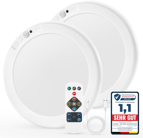 Combuh Uppladdningsbar Sladdlös Taklampa LED, Rörelsesensor USB Batteridriven Badrumslampa, 20cm Dimmbar Garderobslampa med Timer Fjärrkontroll, 3000K-6000K för Garage Hall Trappa Entré, Rund 2pack