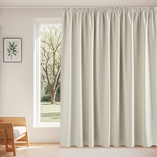 PONY DANCE Extra Breite Gardine Verdunkelung Thermovorhang Kräuselband | 1er Set, H220 x B300 cm, Hellbeige, Blickdichter Vorhang, Hitzeschutz, für Schienensystem, für Schlafzimmer Wohnzimmer
