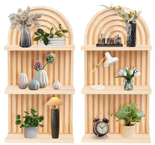 Yallmie 2 StüCk Wandregal Boho Regenbogen, Boho Wandregal Holz HäNgend Dekoratives Wanddeko Holz Schweberegal Holzregal Wand Deko FüR Wohnzimmer Schlafzimmer Wanddekoration