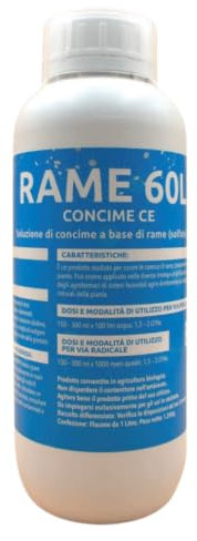 Bio A.L.T. - RAME 60 L - Concime Liquido con Rame Solfato e Boro, Agricoltura Biologica, Orto Giardino Rimedio Naturale Funghicida Peronospora 150 ml in 100 lt di acqua Contenuto: 1 Lt pari ad 1,26 KG