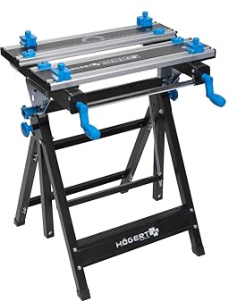 HÖGERT TECHNIK Mesa de Taller Plegable, Ajustable en Altura e inclinación de 600 x 570 x 770 – 1070 mm con Placa de Aluminio, mandíbulas, Ajuste de ángulo y Escala de Medidas