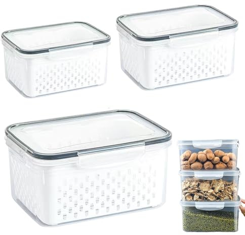 Générique Boîtes De Stockage Avec Couvercles | Conteneur Alimentaire Hermétique pour Réfrigérateur | Lot De 3 Récipients Réutilisables Avec Passoire Amovible Pour Légumes Maison Et Réfrigérateur
