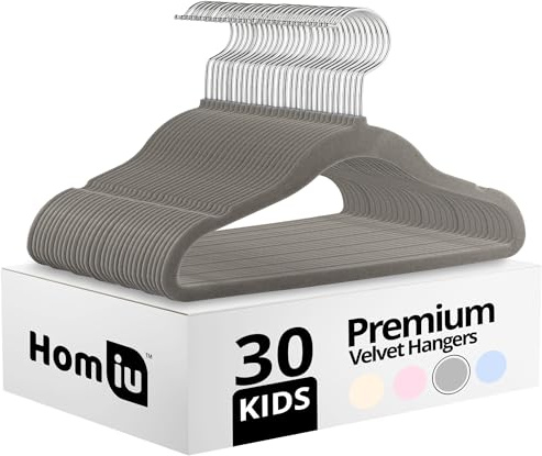 Homiu Lot de 30 cintres antidérapants en velours pour enfants | Cintres ultra fins et peu encombrants en velours pour bébés | Crochet rotatif à 360 degrés, cintres robustes pour vêtements de bébé