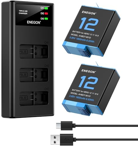 ENEGON Pack Batteries Rechargeables + Chargeur 3 Emplacements – 2 x 1800mAh pour Hero 12/11/10/9 Black (Action-Cam Compatible)