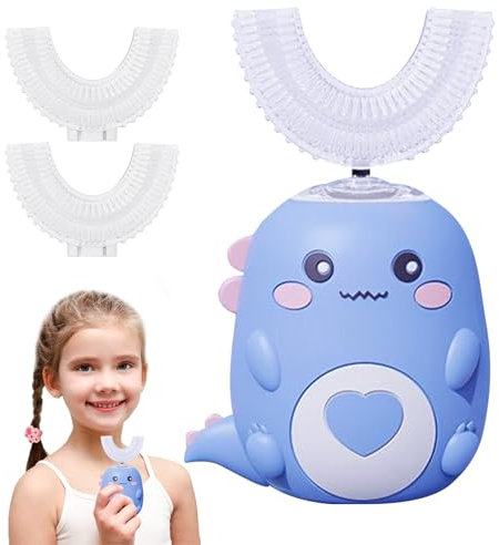 360º Kids Ultrasonic Toothbrush, Electric Tooth Brush with 2 U Shaped Silicone Brush Heads, Automatic Toothbrush with LED & Dino Look Light for Age 2~6 Years Boys and Girls (Blue 2~6 Years Old)