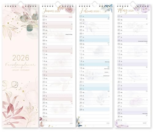 Streifenkalender 2026 - Kalender 2026 Wandkalender von Januar bis Dezember, Kalender 2026 mit Notizen, 12 x 41 cm, Rosa