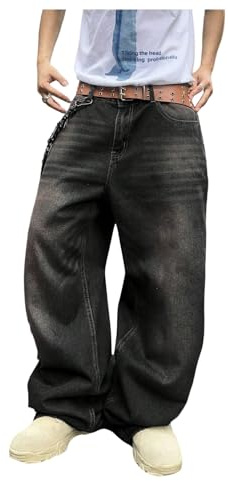GORGLITTER Baggy Jeans for Men UK Mid Rise Wide Leg Vintage Streetwear Hip Pop Denim Pants with Pocket Black Medium