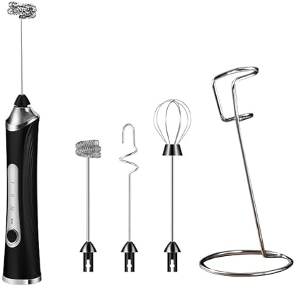 Milk Frother with Stainless Steel Stand, Rechargeable Handheld Whisk & Electric Drink Mixer with 3 Whisk Heads & 3-Speed for Latte & Cappuccino