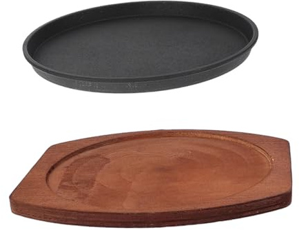STOBAZA Sartén de Hierro Fundido para Steak con Base de Madera Sartén Redonda Antiadherente para Parrilla Placa para Asar Fajitas y Barbacoa Cocina y Restaurante