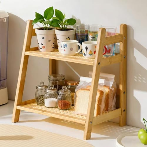 ZHYAKLD Küchenregal Arbeitsplatte,Bambus-Becherhalter,2-Stufig,Matcha-Ständer,Kaffee Organizer,Tassenregal Holz,Stehend Küche Aufbewahrung für Tee,Kaffee,Bar,Tassen-Display,Gewürz (Hellbraun A)