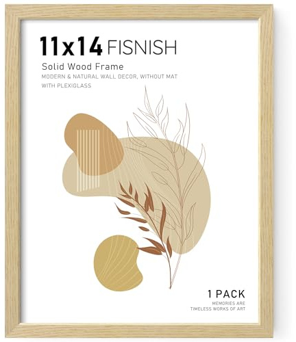 Fisnish 11x14 Picture Frame, Natural Solid Wooden Picture Frames, Display 11x14 Photos without Mat, Horizontal or Vertical Wall Mounting, Oak Wood Grain, 1 Pack
