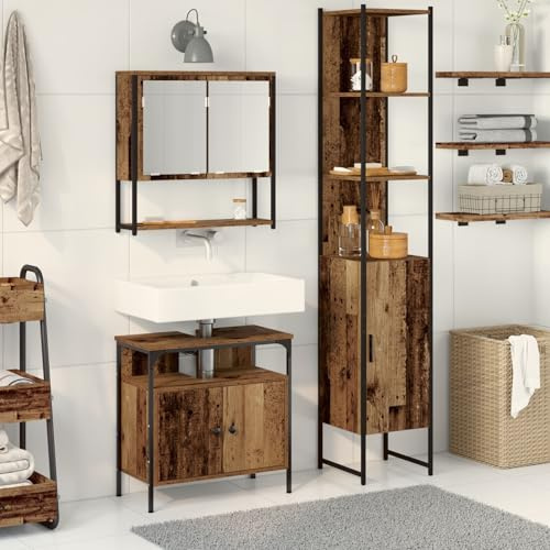 IBUQDDV Mobile Lavabo Bagno Rustico in Legno Antico con 3 Ante e Armadietto a Specchio, Struttura Robusta e Ampio Spazio Archiviazione per Interni, Marrone Rettangolare