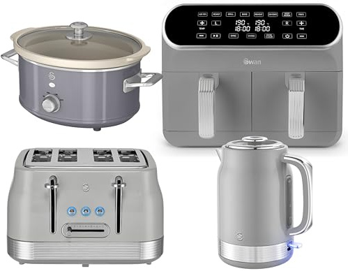 Swan Retro Revive Grey 1.7L Jug Kettle, 4 Slice Toaster, Retro 8L Dual Basket Air Fryer and 3.5L Slow Cooker. Matching Retro Design Kitchen Set in Grey with Chrome Accents