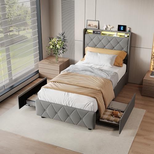 FCSQIU Letto imbottito singolo 90 x 200, letto per ragazzi con LED, letto funzionale con 2 cassetti, testiera con vano portaoggetti, telaio per adulti con spazio di archiviazione, senza materasso