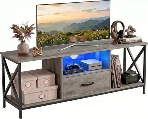 Blisswood 140cm TV Unit with LED RGB Lights, TV Stand Cabinet for 55–65 Inch TVs, Media Console Entertainment Centre with Drawer & Open Storage Shelf, Industrial Metal Frame Living Room Furniture_Grey