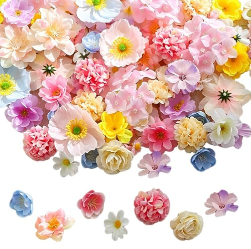 Copbopwn Kunstblumen Set, 50 Stück Mix – Künstliche Blumen für Deko, Basteln & Torte – Fake Flowers – Kunstblumen klein für DIY, Hochzeit, Party, Blumenkranz & Festival Haarschmuck