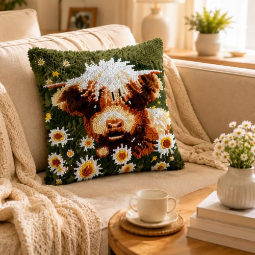 BUTORY 17x17in Latch Hook Pillow Kit DIY Crochet Cushion Cover with Yarn Hook Handmade Craft Present for Adult Beginner(colour-1-highland Cow)
