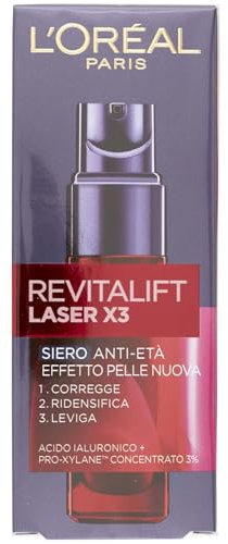 L'Oréal Paris Siero Viso Revitalift Laser X3, Azione Antirughe Anti-Età con Acido Ialuronico e Pro-Xylane, 30 ml, l'imballaggio può variare