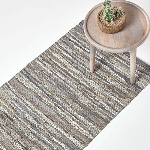Homescapes Teppichläufer Denver aus 100% recyceltem Leder, 66 x 200 cm, grau