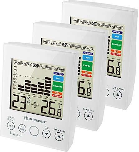 Bresser 7007412 Hygrometer und Thermometer mit Raumluftfeuchtigkeitsüberwachung und Schimmelalarm 3er Set, weiß, 8.5x3.5x11 cm