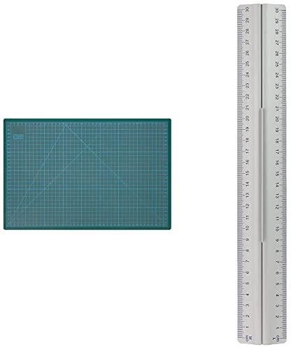 Wedo 79145 Schneideunterlage Cutting Mat A3 (CM 45 selbstschließende Oberfläche, 45 x 30 x 0,3 cm) grün & Wedo 525235 Lineal aus Aluminium 30 cm mit Griff für Rechts- und Linkshänder , silber