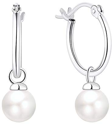 JO WISDOM Perlenohrringe Silber 925 15MM Creolen Hängend Ohrringe mit 8MM Weiß Perlen,Schmuck für Frauen