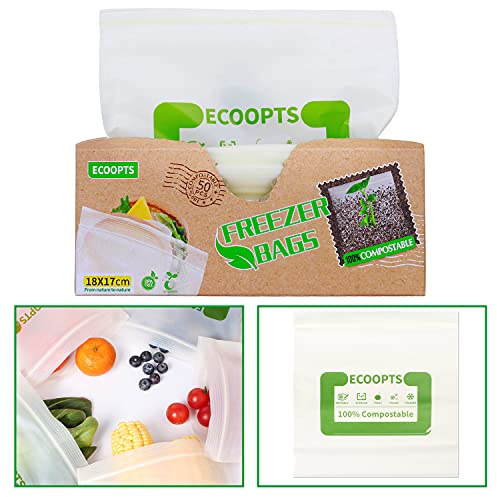 ECOOPTS Paquete de 50 bolsas de almacenamiento de alimentos 100% compostables con cremallera, sin BPA, aptas para sándwiches y congelados (7 x 6.7 pulgadas)
