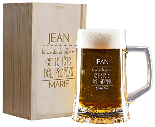 My original gift Cadeau de fête des pères personnalisé: chope à bière gravée avec vos noms dans un coffret en bois également gravé