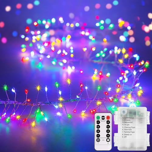 CCILAND Lichterkette mit Fernbedienung, 3 m, 8 Modi, 200 LEDs, batteriebetrieben mit Timer, dimmbar, für Hochzeit, Party, Dekoration, Licht für Baum, Vase, Fenster (mehrfarbig, Silberdraht)