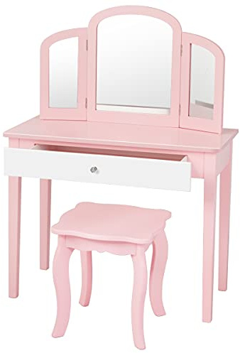 RELAX4LIFE Set Toeletta in Legno con Sgabello, Tavolo da Trucco con Cassetto con 3 Specchi per Bambini, Kit Toeletta da Trucco con Sedia per Bambine, Giocattolo da Trucco per Bambini (Rosa)