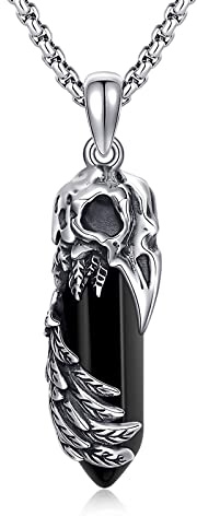 Waysles Tierkristall Halskette 925 Sterling Silber Raben Totenkopf, Fledermaus, Roter Kardinal Anhänger mit Schwarzer Kristall Punk Gotik Tier Schmuck Geschenke für Herren Damen