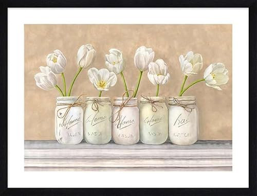 ART PRINT CAFE' – Quadro shabby – stampa con cornice nera: Jenny Thomlinson, Tulipani bianchi in barattoli di vetro
